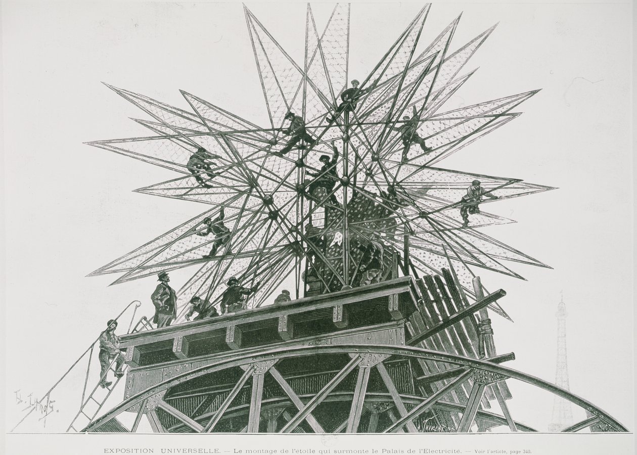 1900 Evrensel Sergisi: Yıldızın Elektrik Sarayının Tepesine Yerleştirilmesi (gravür) by Henri Lanos