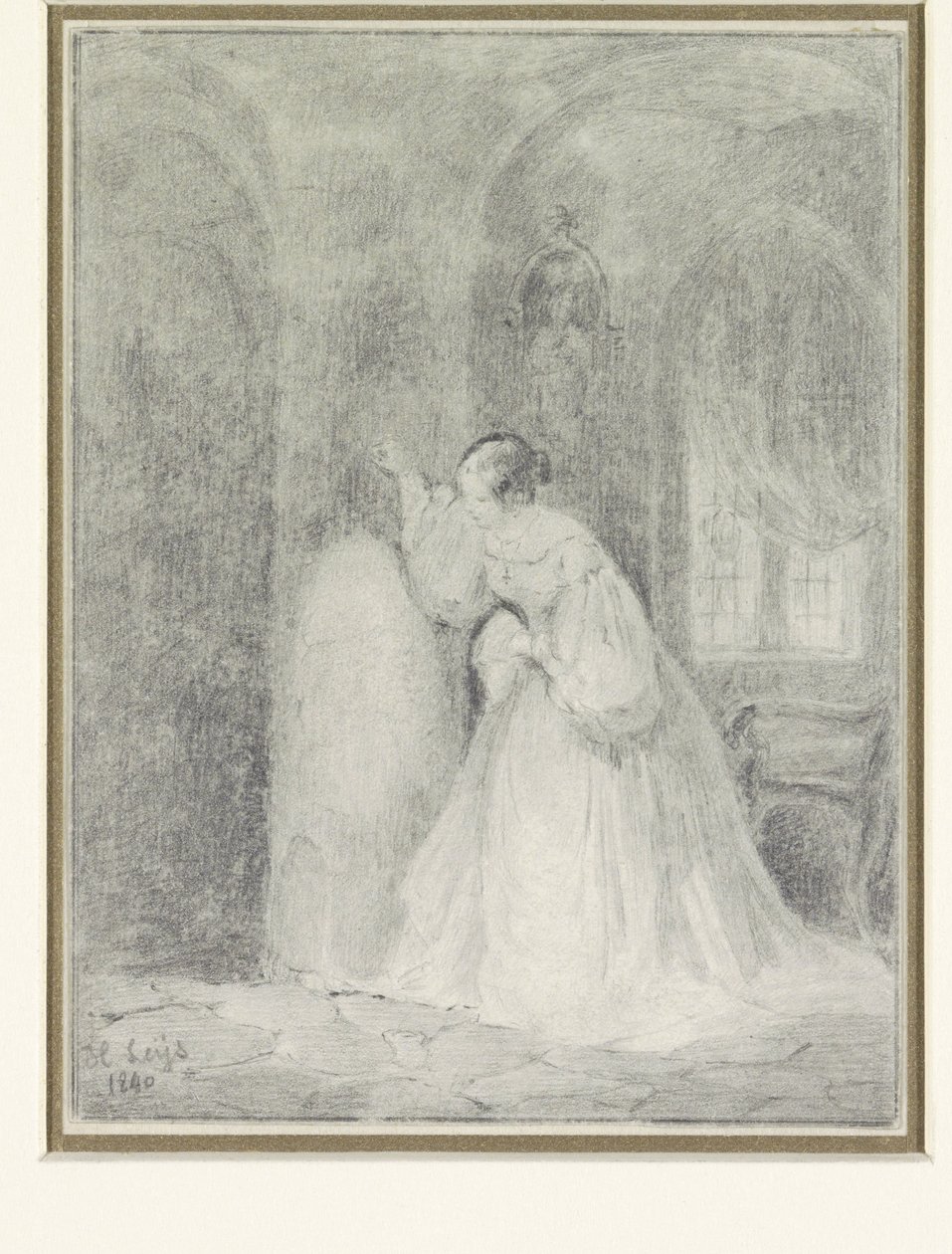 Bir sütuna yaslanmış genç bir kadınla iç mekan by Henri Leys (baron)