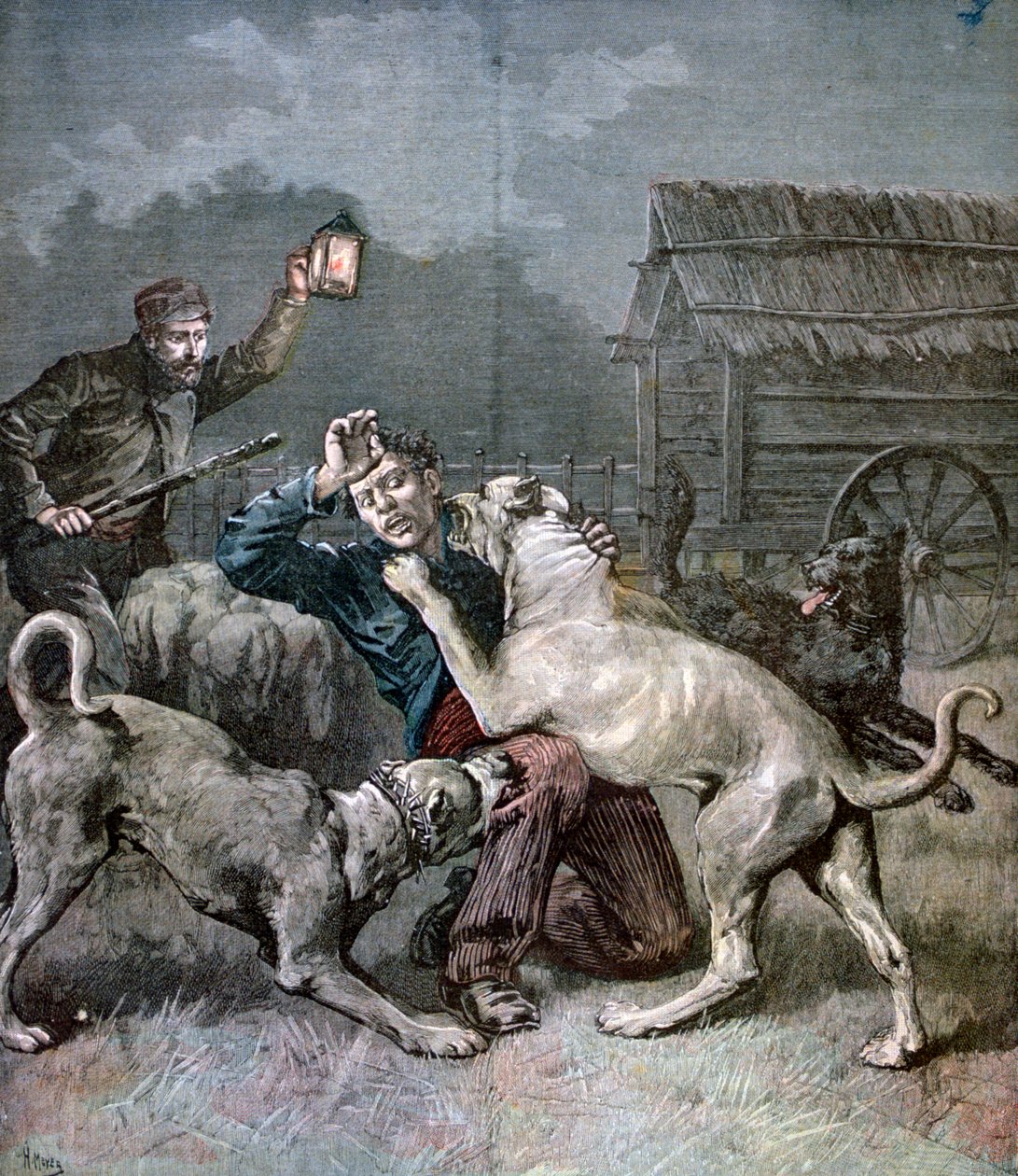 Üç büyük köpeğin saldırısına uğrayan bir suçlu, 1891 by Henri Meyer