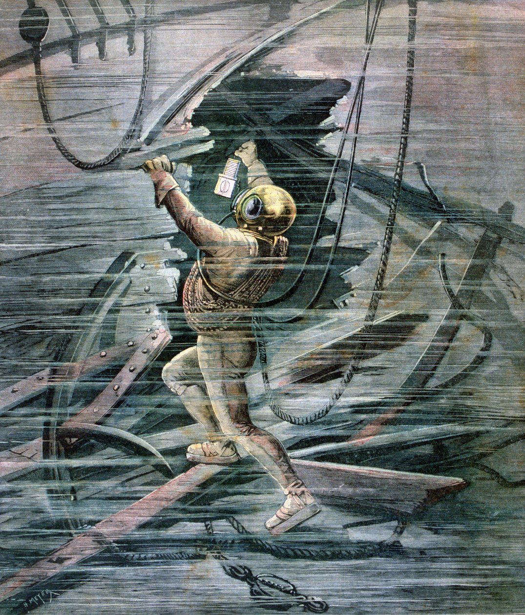 Le Havre limanında bir enkazı arayan bir dalgıç, Fransa, 1892 by Henri Meyer