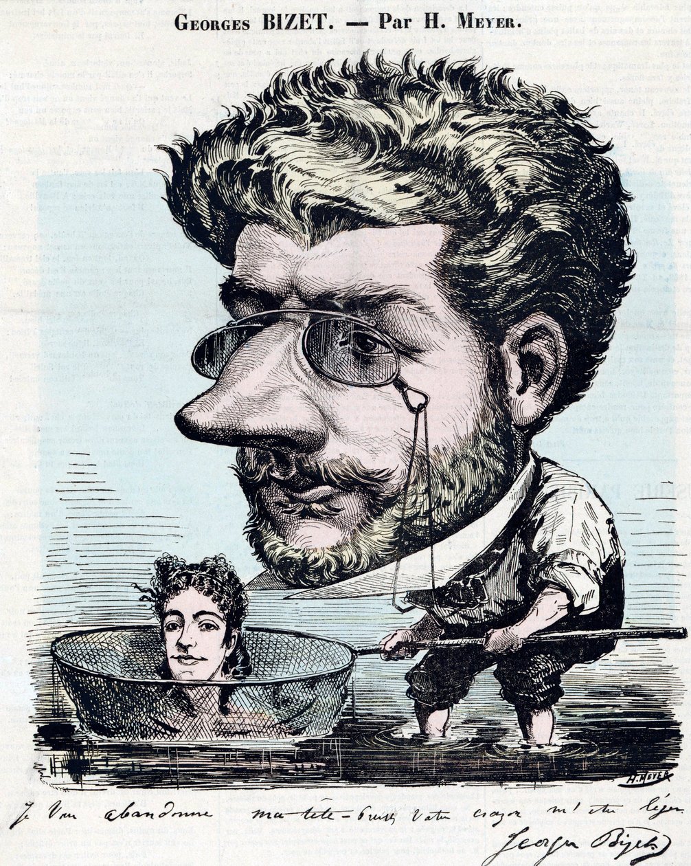 Georges Bizet (1838-1875), Fransız besteci - Karikatür, Bizet imzalı, Henri Meyer dit Reyem (1844-1899) “” Diogene” için by Henri Meyer