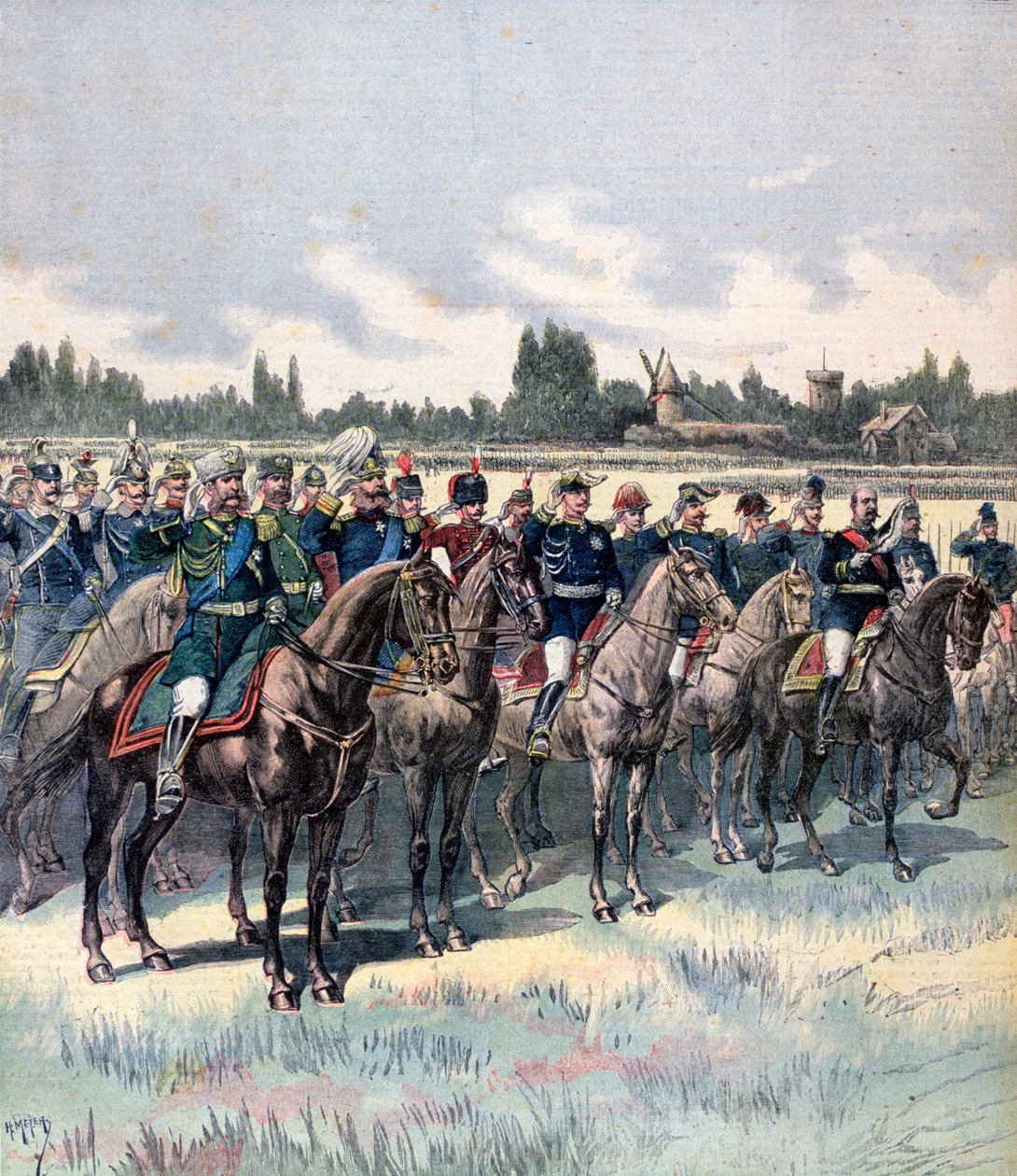 General Saussier ve yabancı askeri ataşelerle yapılan askeri inceleme, 14 Temmuz 1891. by Henri Meyer