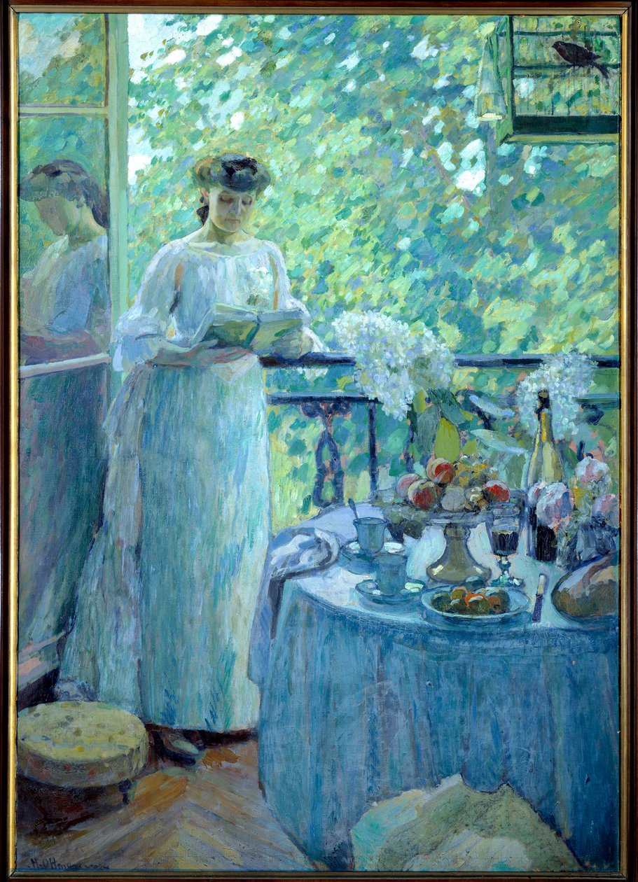 Madam O. balkonda Burjuva bir iç mekanda genç bir kadın kitap okuyor, masaya kahvaltı servisi yapılıyor. Henry Ottmann tarafından boyama by Henri Ottmann