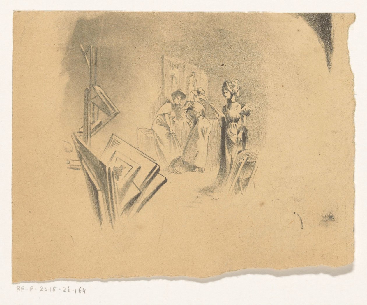 Üç kadın stüdyoda parmak izlerine bakıyor by Henri Patrice Dillon (possibly)