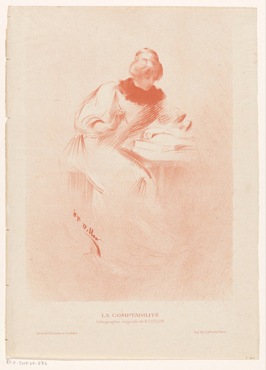 Masanın arkasında açık bir kitap, elinde bir kalem olan kadın La comptableité (nesne üzerindeki başlık) by Henri Patrice Dillon
