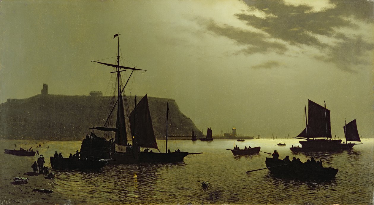 Scarborough Castle Hill ve Harbour, Moonlight tarafından, 1876 by Henri Philippe Neumans