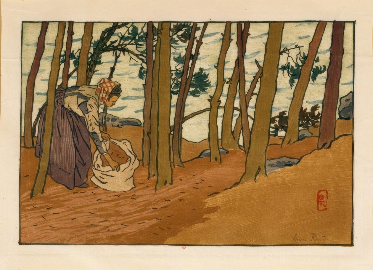 Çam iğnesi toplayan kadın (Bords du Trieux, Loguivy) by Henri Rivière