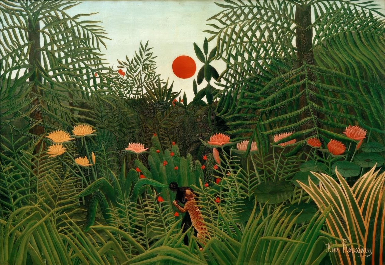Gün batımında bakir orman. Siyah bir leopar tarafından saldırıya uğradı by Henri Rousseau