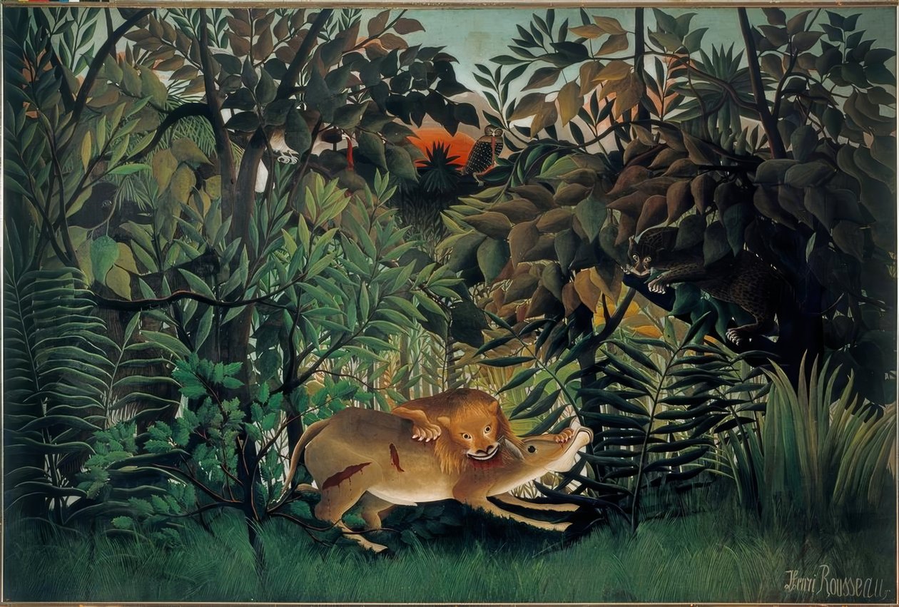 Aç olan Aslan kendini antilopun üzerine atar by Henri Rousseau