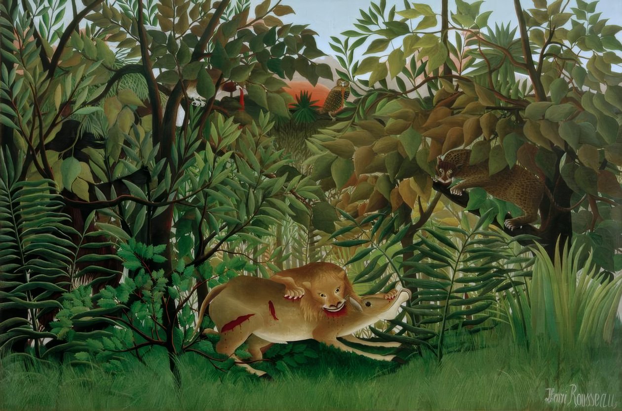 Aç olan Aslan kendini antilopun üzerine atar by Henri Rousseau