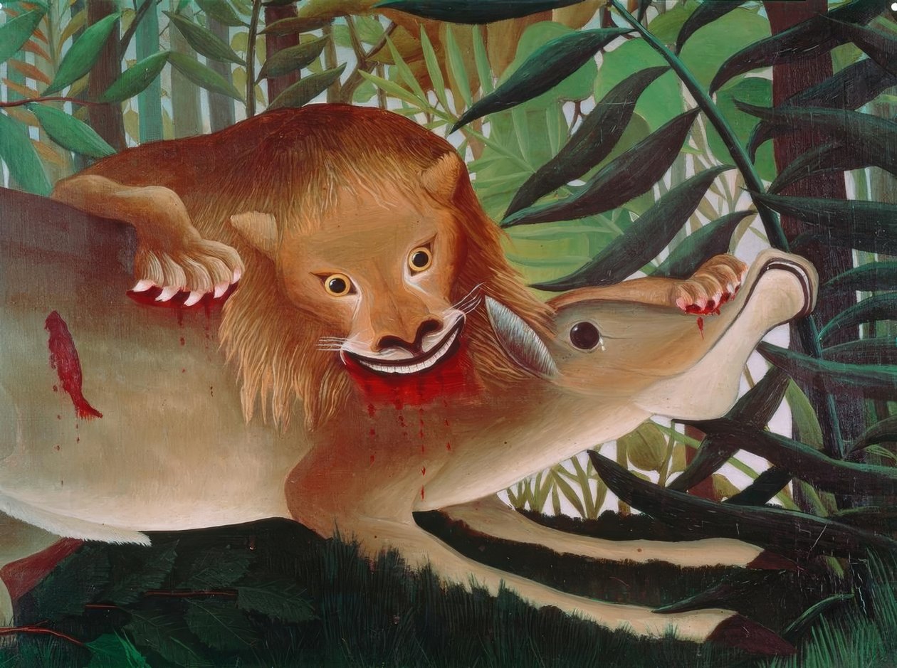 Aç olan Aslan kendini antilopun üzerine atar by Henri Rousseau