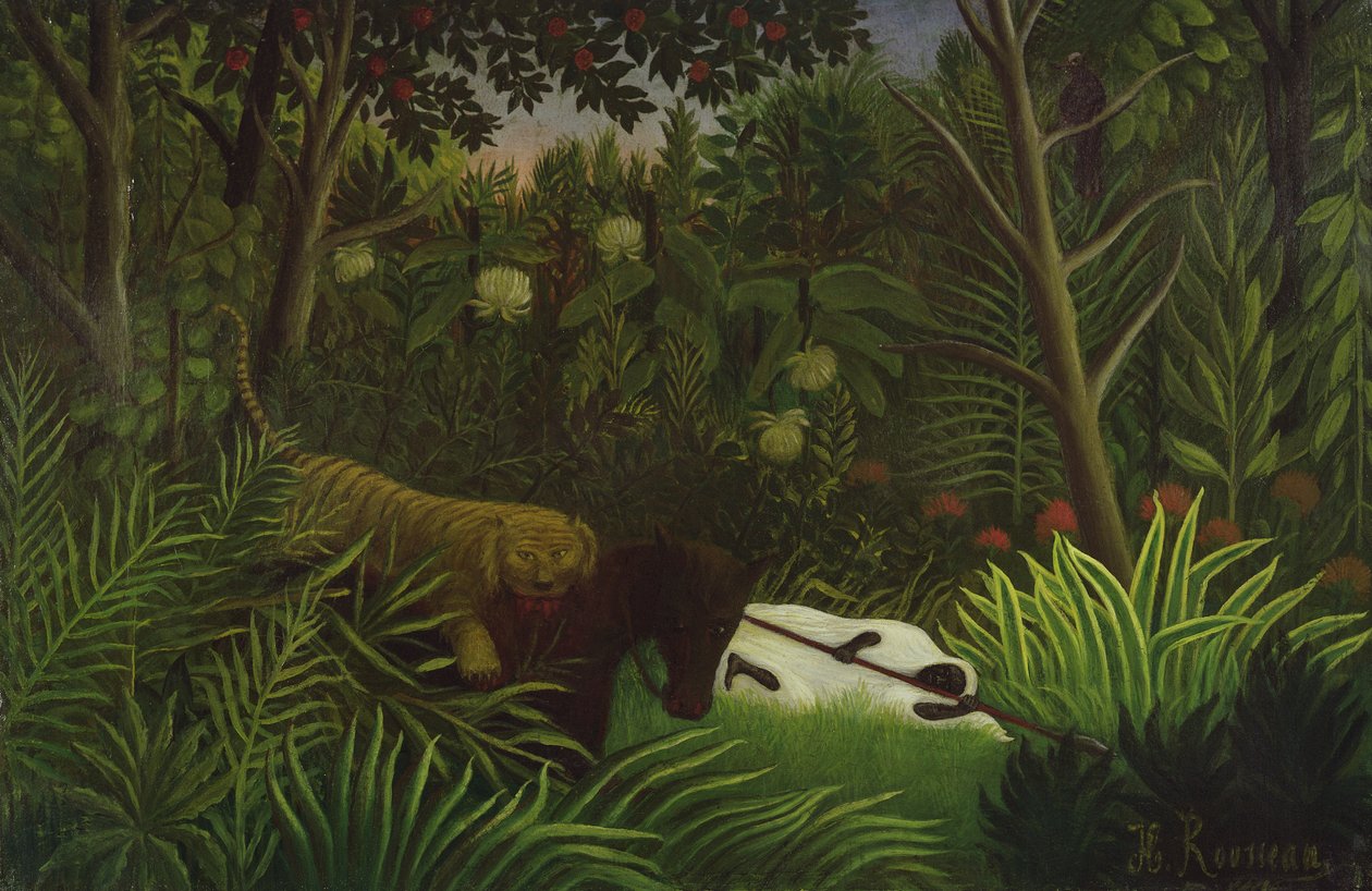 Bir Ata Saldıran Kaplan ve Uyuyan Bir Siyah Adam by Henri Rousseau