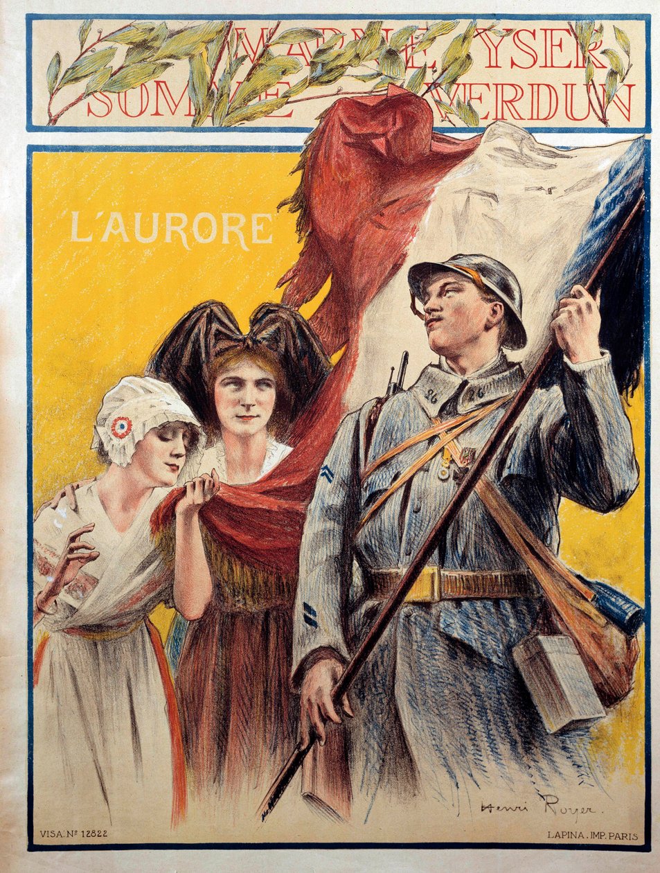 L'Aurore: Birinci Dünya Savaşı sırasında Alsace ve Lorraine'i temsil eden iki kadınla propaganda afişi (Alsace-Lorraine) by Henri Royer