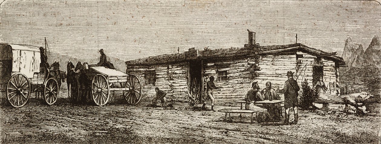 Utah çölündeki kıtalararası posta arabası istasyonu, Amerika Birleşik Devletleri'nin karşısından, Atlantik'ten Pasifik'e, yazan Louis Laurent Simonin, Hildibrand'ın L'Illustrazione Italiana'dan gravürü, No 42, 13 Ağustos by Henri Theophile Hildibrand