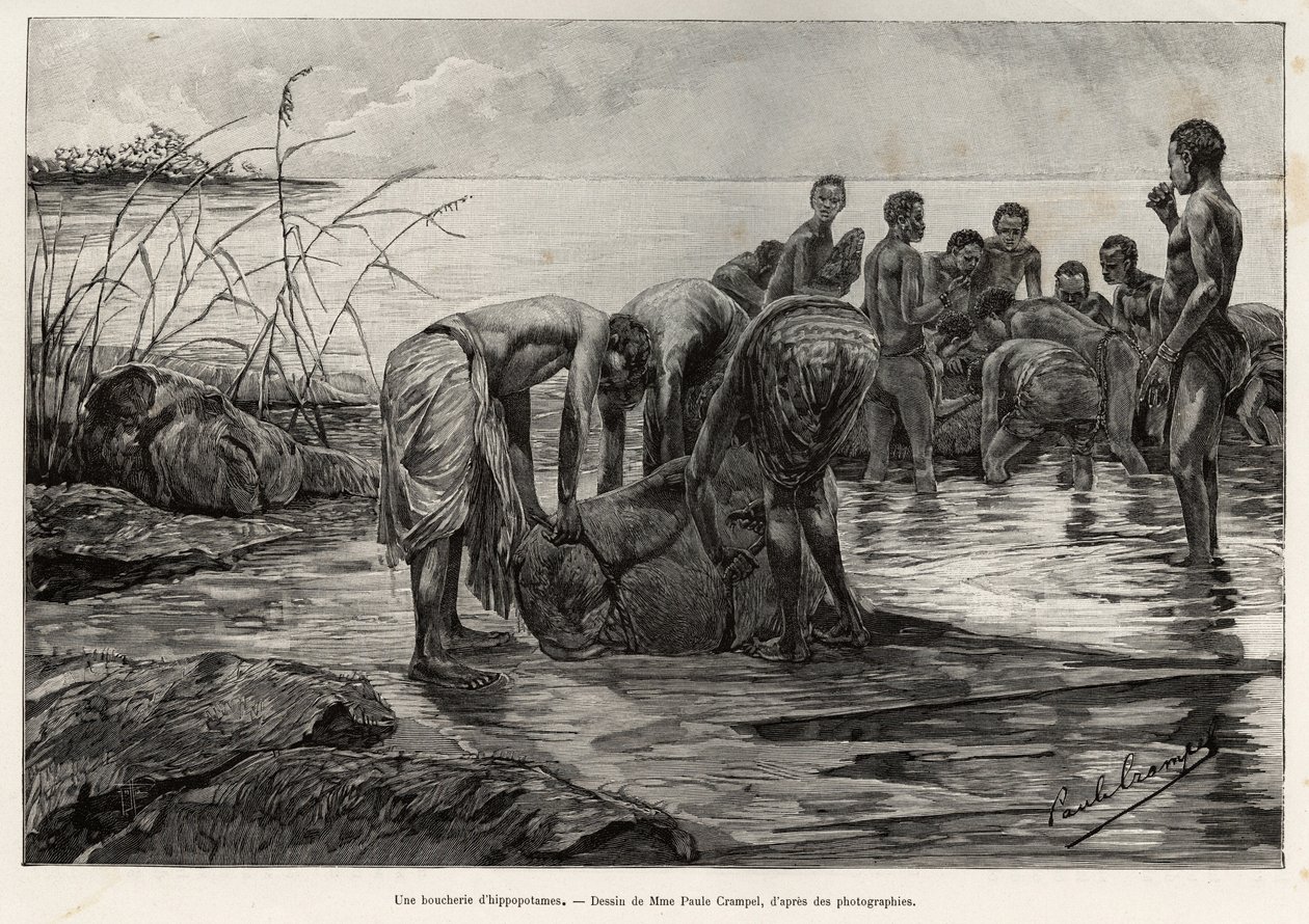 Orta Afrika nehrinin kıyısında bir su aygırı kasap dükkanı. Henri Thiriat tarafından, Albert Nebout (1862-1939) tarafından 1890