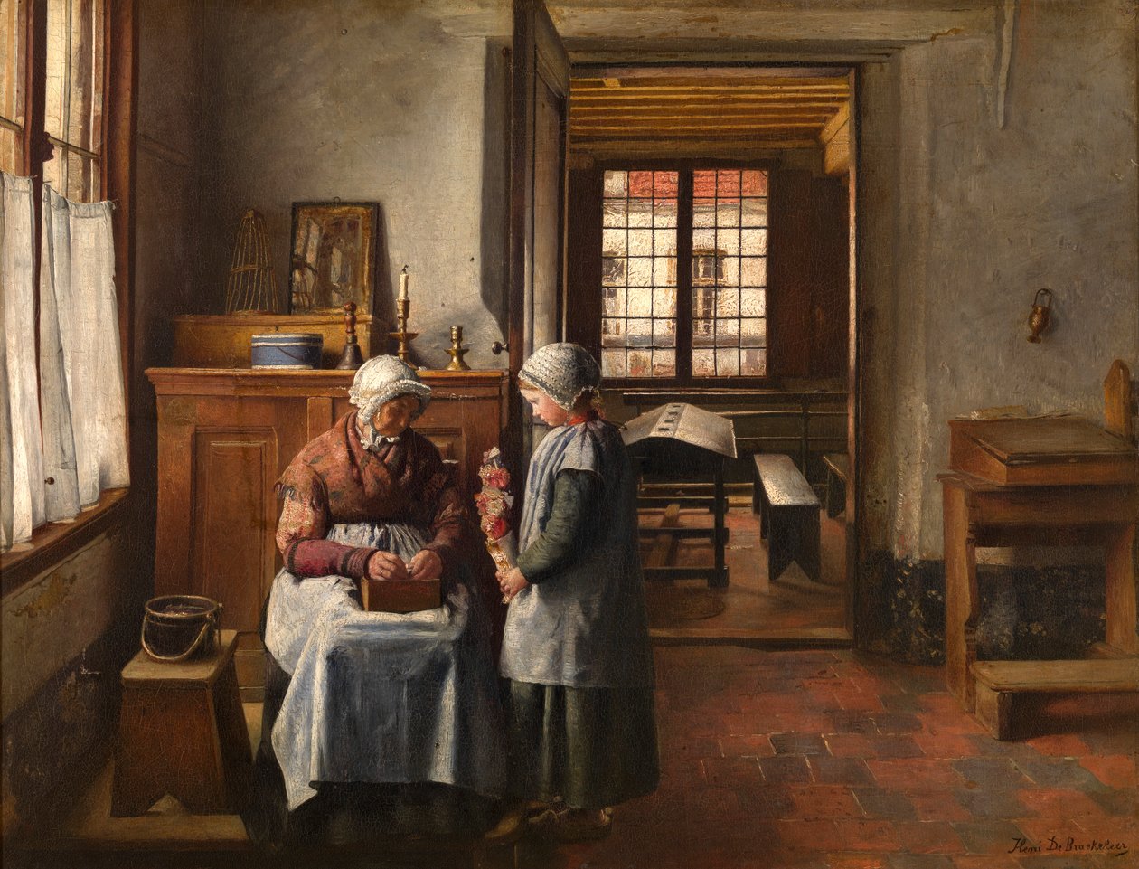 Anneannenin Ziyafeti (tuval üzeri yağlıboya, panel üzerine monteli) by Henri de Braekeleer