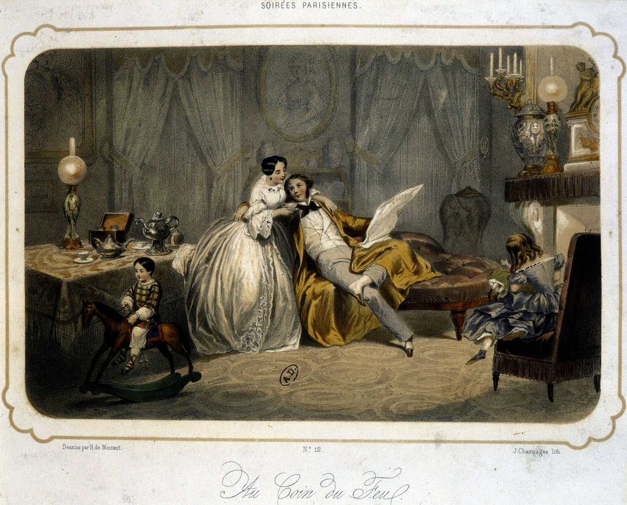 Burjuva ailesi oturma odasında dinleniyor - litografi, v.1820. by Henri de Montaut