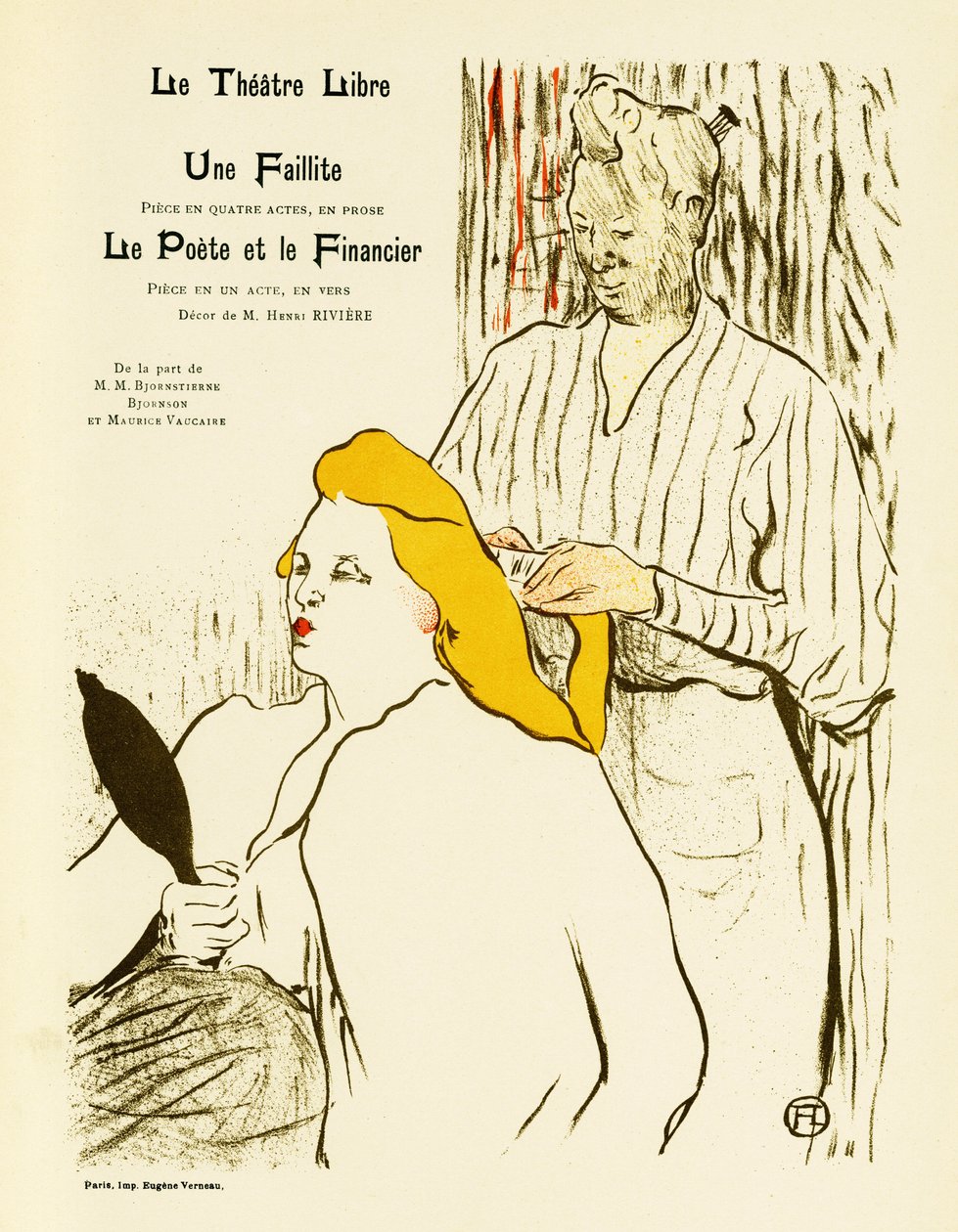 Sarışın bir kadın saçlarını şekillendirirken aynada kendine bakıyor. Une faillite et Le Poete et le Financier için poster, 1893