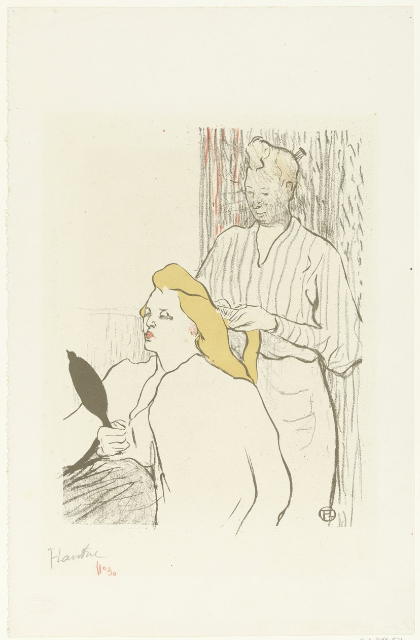 Kuaför elinde aynayla oturan kadının saçını tarıyor. Le kuaför Programı du Théâtre Libre by Henri de Toulouse Lautrec (signed by artist)