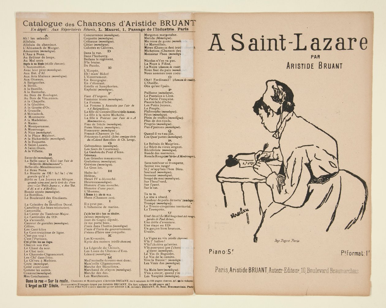 Bir Saint-Lazare, sözler ve müzik, Aristide Bruant, notalar için kapak by Henri de Toulouse Lautrec