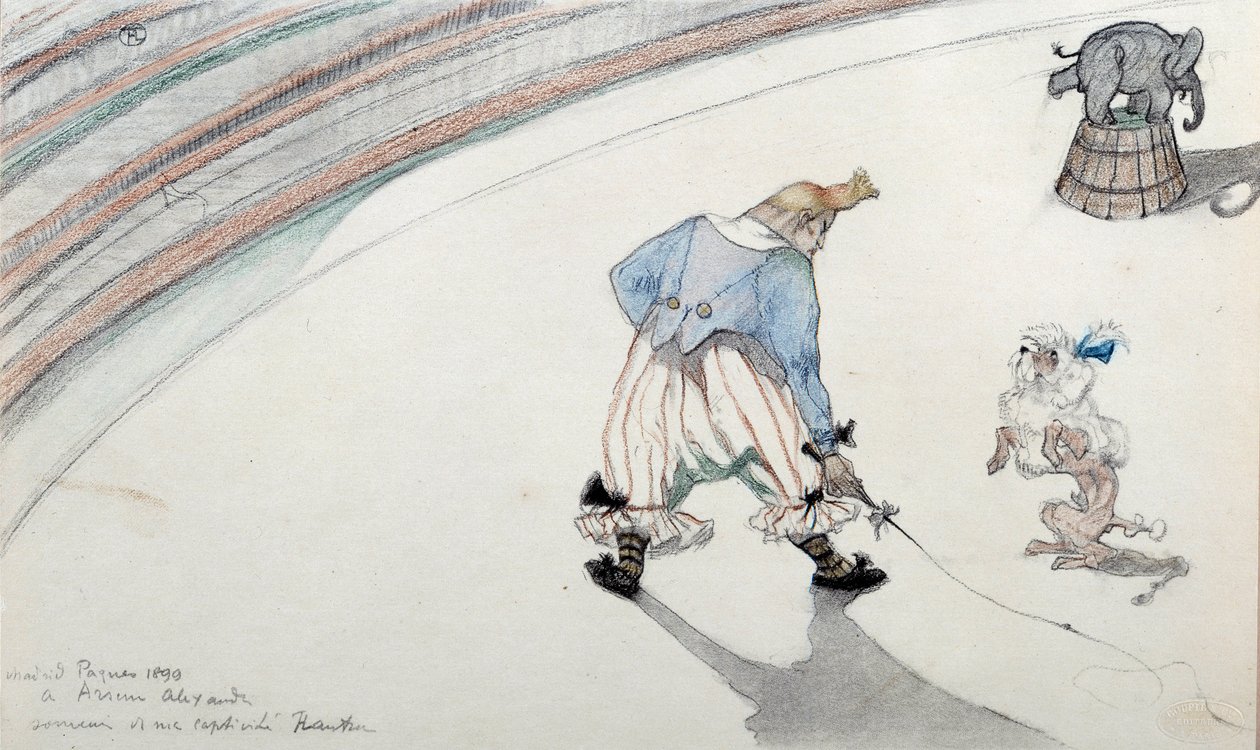 Sirk sahnesi: terbiye. Bilim adamı köpeği ve akrobatik bir fili olan bir palyaço. Henri de Toulouse Lautrec (1864-1901) tarafından çizim 19. yüzyıl Albi, Musee de Toulouse Lautrec by Henri de Toulouse Lautrec