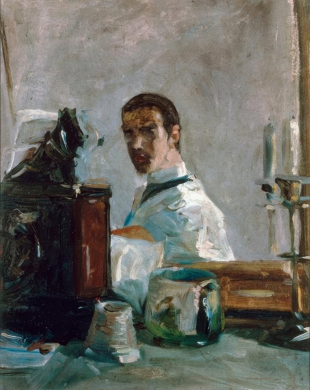 Henri de Toulouse-Lautrec tek başına (Önündeki otoportre by Henri de Toulouse Lautrec