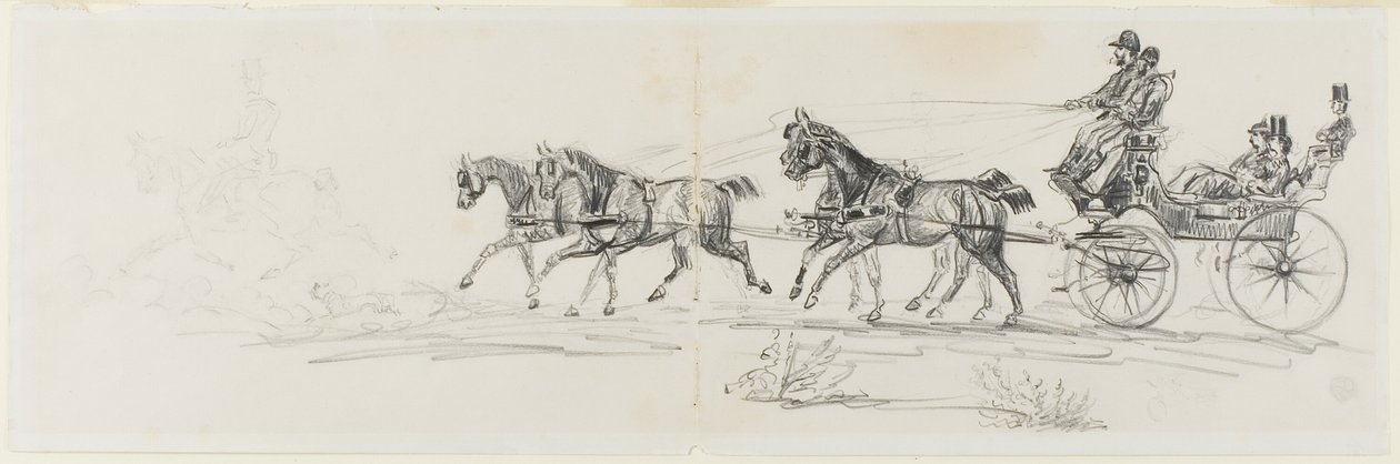Tek Binicinin Önünde At Arabası (rekto); At Binen Adam Bir Battaniye ve Kafalar, Atlar ve Zafer Takı Eskizleri ile (ters) by Henri de Toulouse Lautrec