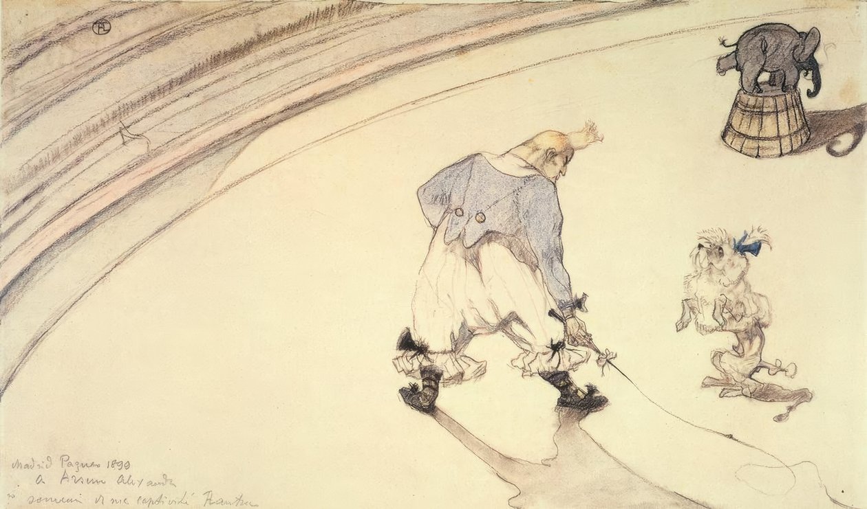 Sirkte: kaniş köpeği ve fil ile palyaço Footit by Henri de Toulouse Lautrec
