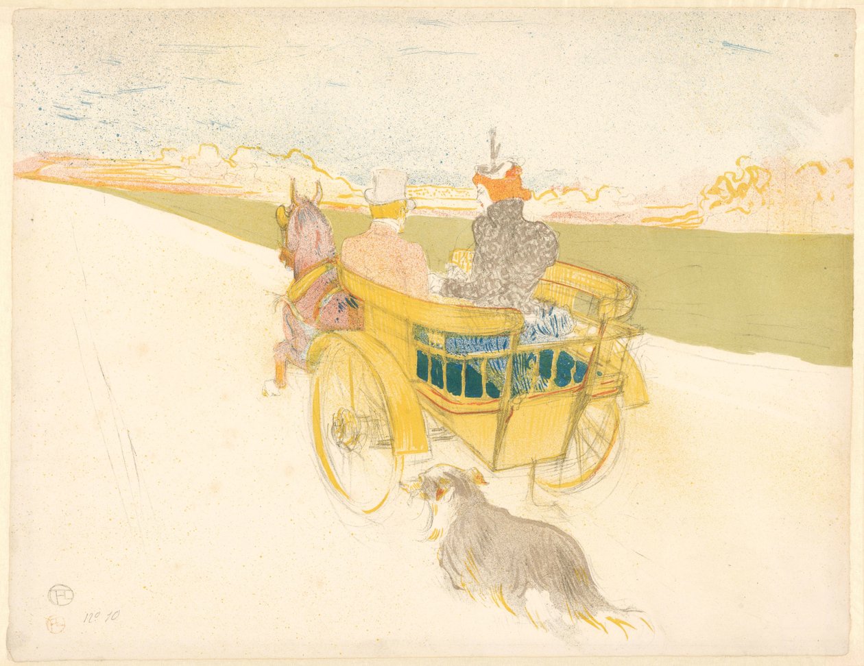 "Partie de Campaign" (Ülke Gezisi) Açık bir arabadaki erkek ve kadın, bir köpekle bir manzaraya biniyor. Partie de kampanya (nesne üzerindeki başlık) by Henri de Toulouse Lautrec