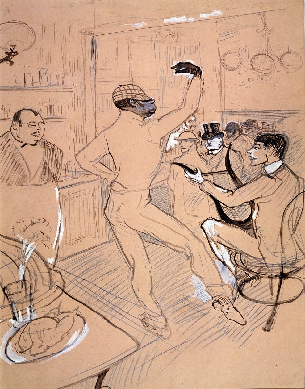 Rafael Padilla, Çikolata adlı bir barda dans ediyor (kağıt üzerinde hint mürekkebi ve guaj boyası) by Henri de Toulouse Lautrec