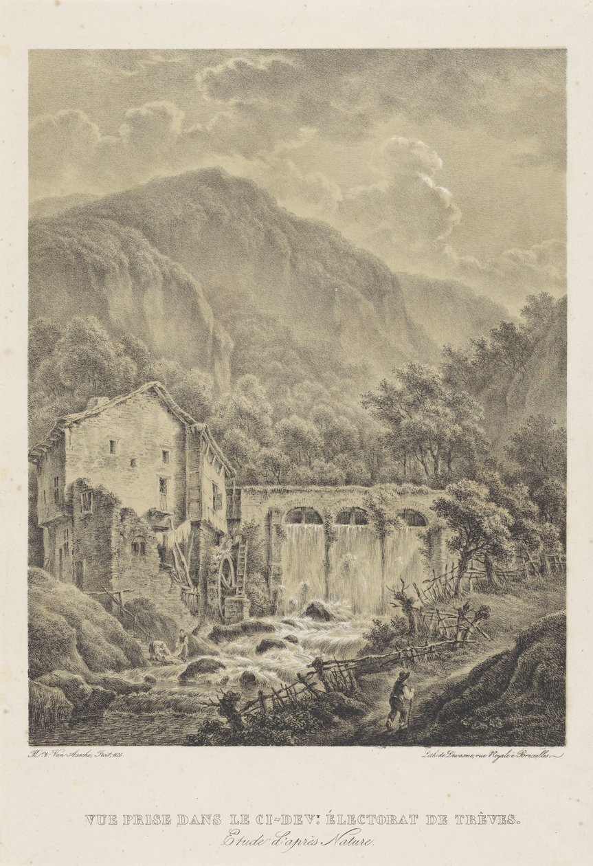 Trier yakınlarında su değirmeni olan dağ manzarası Vue ödül dans le ci dev. Éctorat de treves (nesne üzerindeki başlık) by Henri van Assche