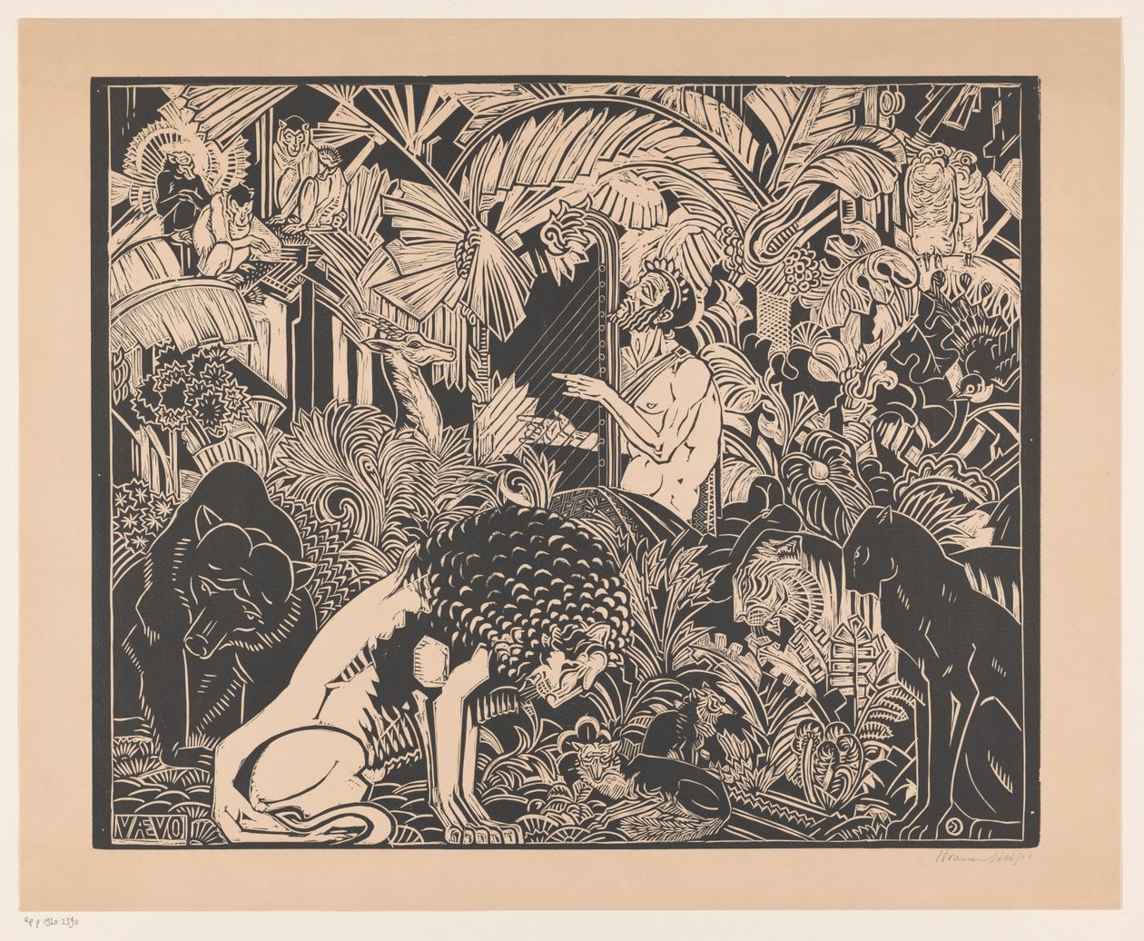Orpheus hayvanlar için arp çalıyor by Henri van der Stok (signed by artist)
