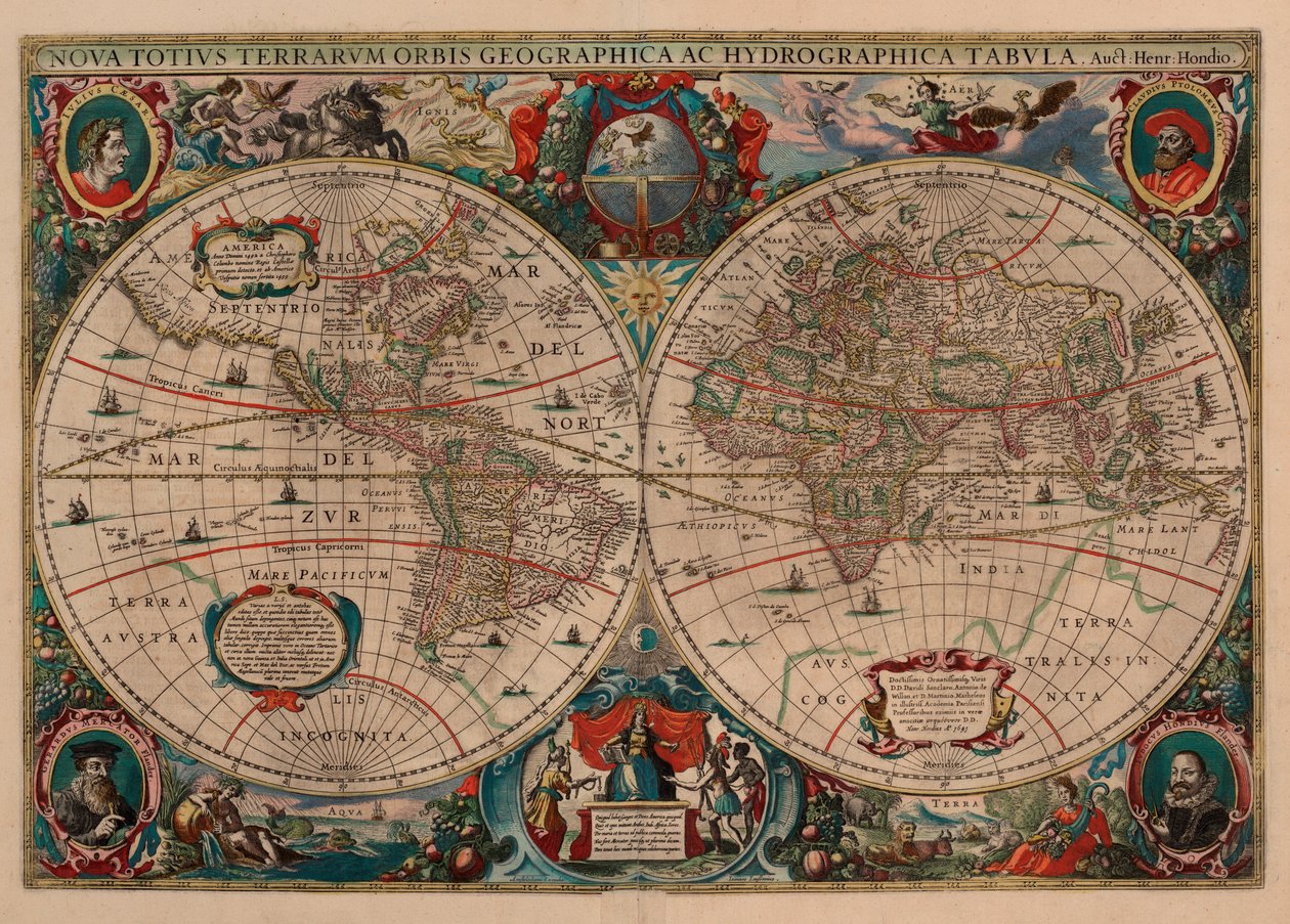 Yeni Dünya Haritası ve Hidrografik Harita by Henricus Hondius II