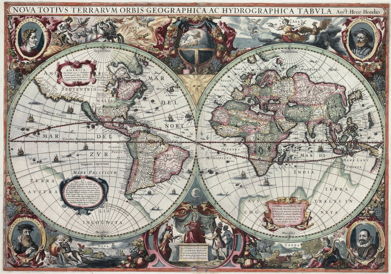 Yeni Dünya Haritası ve Hidrografik Harita by Henricus Hondius II