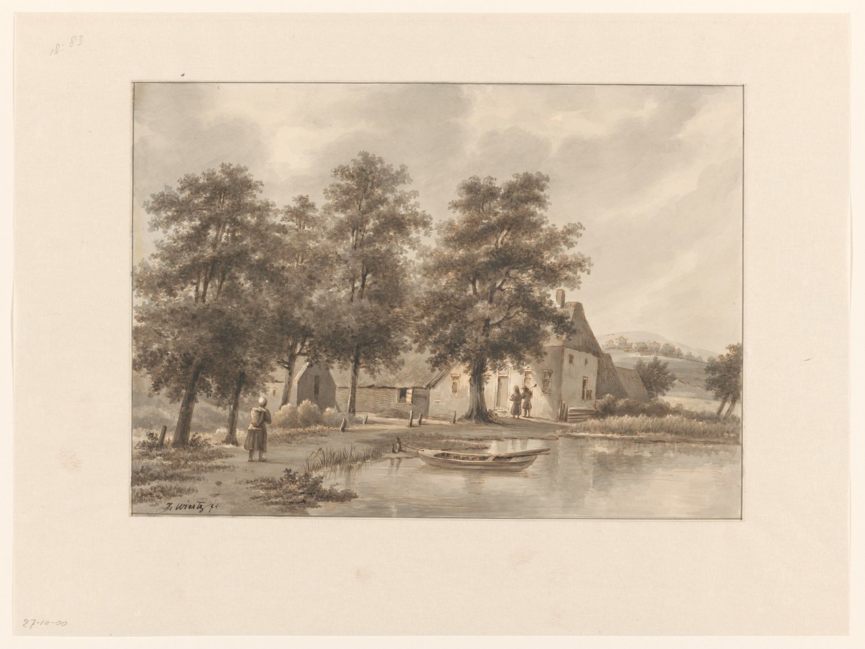 Su kenarındaki bir çiftliğin görünümü by Henricus Franciscus Wiertz (signed by artist)