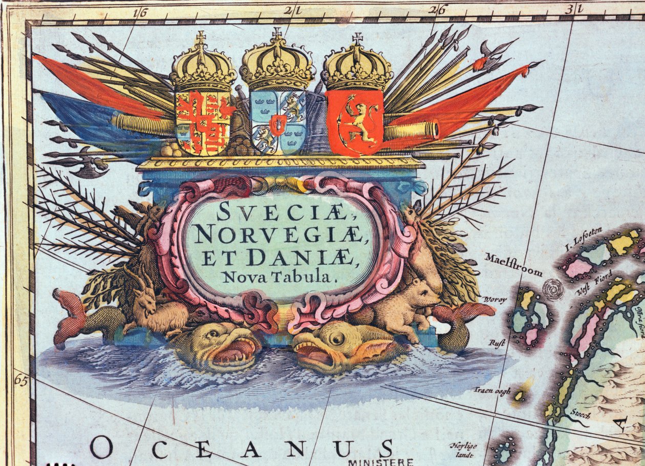 İsveç, Norveç ve Danimarka haritasından Kartuş, 1631 (renkli gravür) by Henricus Hondius II