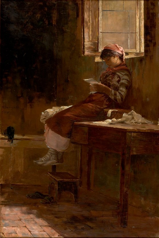 Bir Kız Okuma ile İç Sahne by Henrique Bernardelli