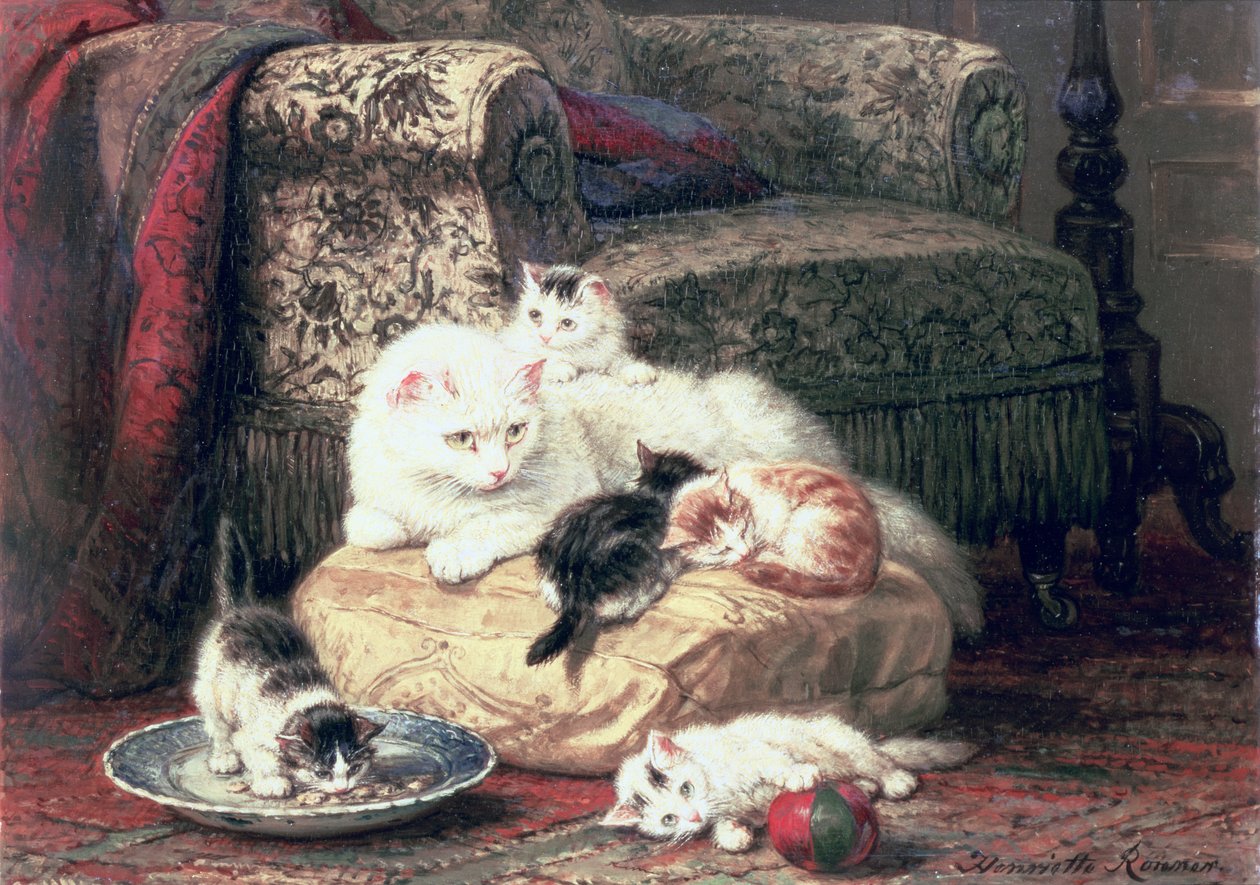 Kedi yavrusu ile bir yastık üzerinde kedi by Henriëtte Ronner Knip