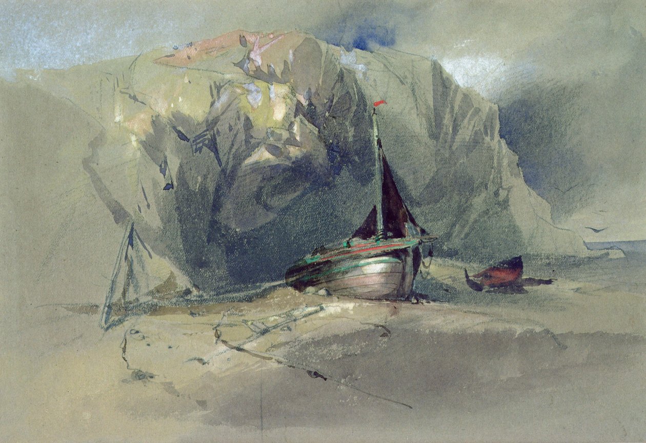Kayalık Bir Uçurumun Altındaki Sahilde Bir Balıkçı Şakası ve Küçük Bir Tekne, 19. yüzyıl by Henry Bright