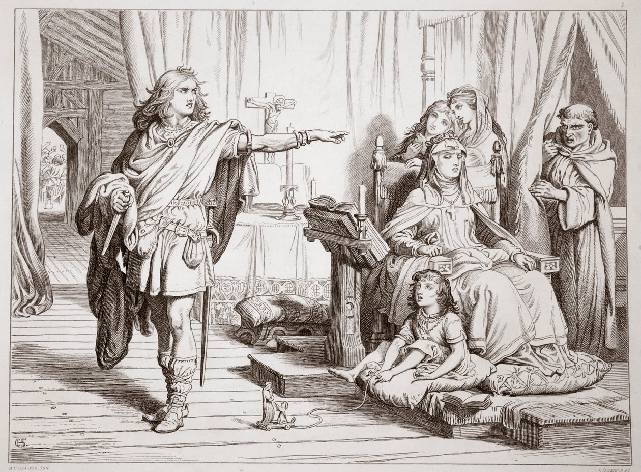 Hereward'ın annesi ve rahip Herluin ile röportajı, Charles Kingsley tarafından yazılan Büyük Hereward'dan bir örnek, pub. 1870, CG Lewis tarafından oyulmuş (çelik levha gravürü) by Henry Courtney Selous