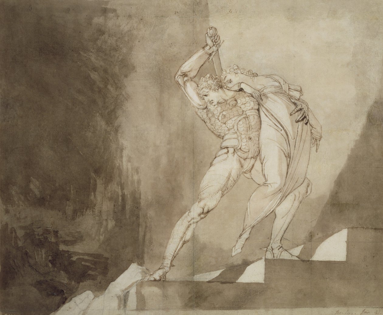 Bir Kadını Kurtaran Bir Savaşçı, 1780-85 (kalem, mürekkep ve kağıt üzerinde yıkama) by Johann Heinrich Füssli