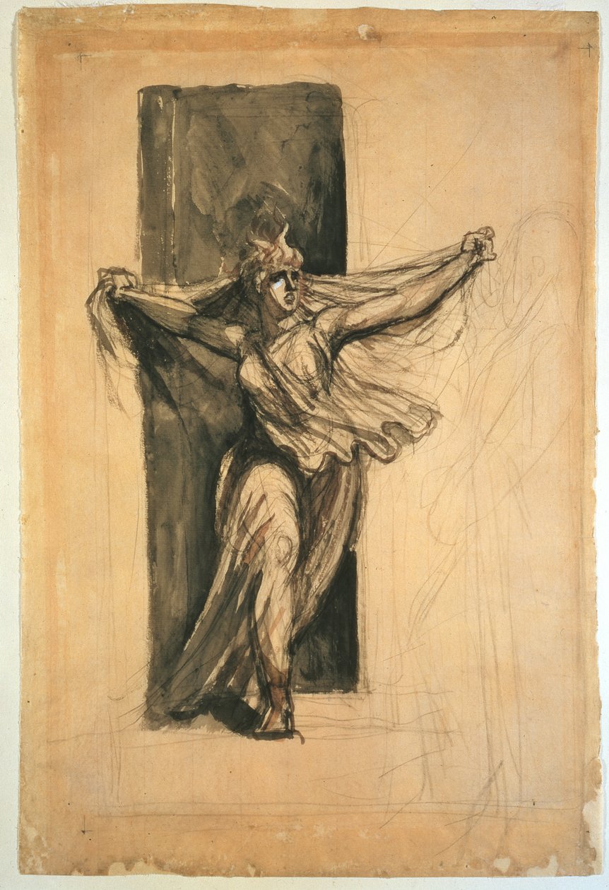 Cassandra Raving, 18. yüzyıl (kalem, tebeşir ve kağıt üzerinde yıkama) by Johann Heinrich Füssli