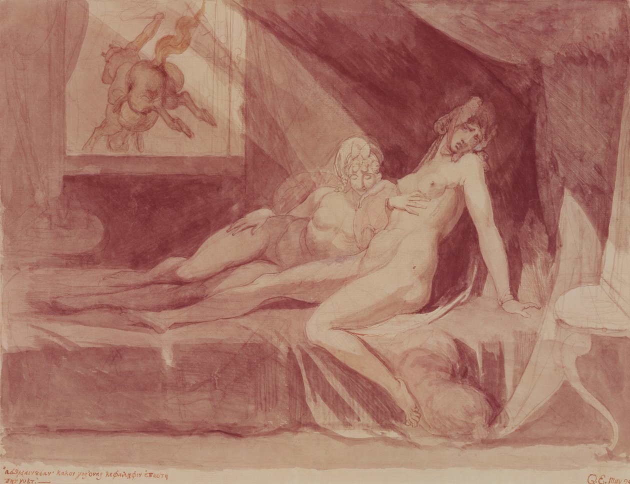 İki Uyuyan Kadını Bırakan Kabus, 1810 (kağıt üzerinde grafit ve wc) by Johann Heinrich Füssli