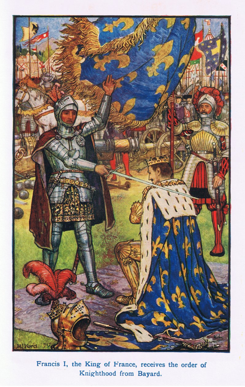 Fransa Kralı I. Francis, Bayard'dan şövalyelik nişanı aldı. by Henry Justice Ford