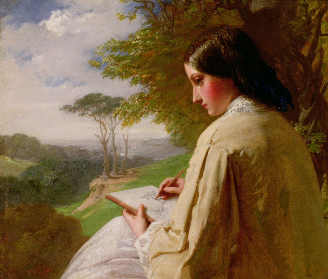 Bir manzarada çizim yapan genç bayan by Henry Le Jeune
