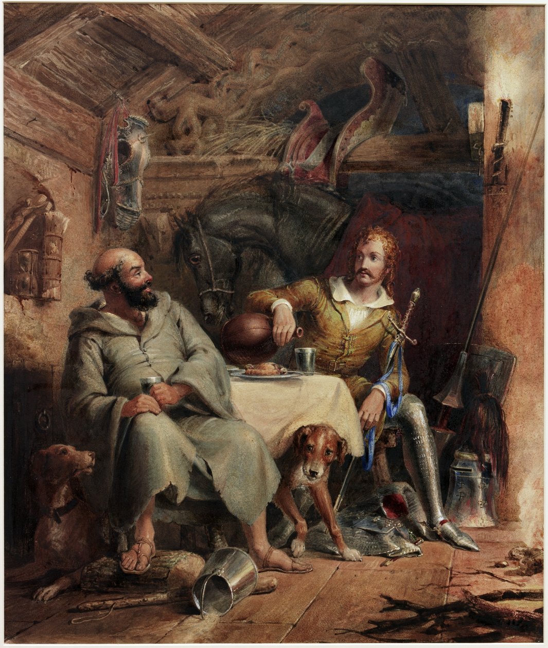 Friar Tuck ve Kara Prens (kart üzerine kağıt üzerine suluboya ve gövde rengi) by Henry Liverseege