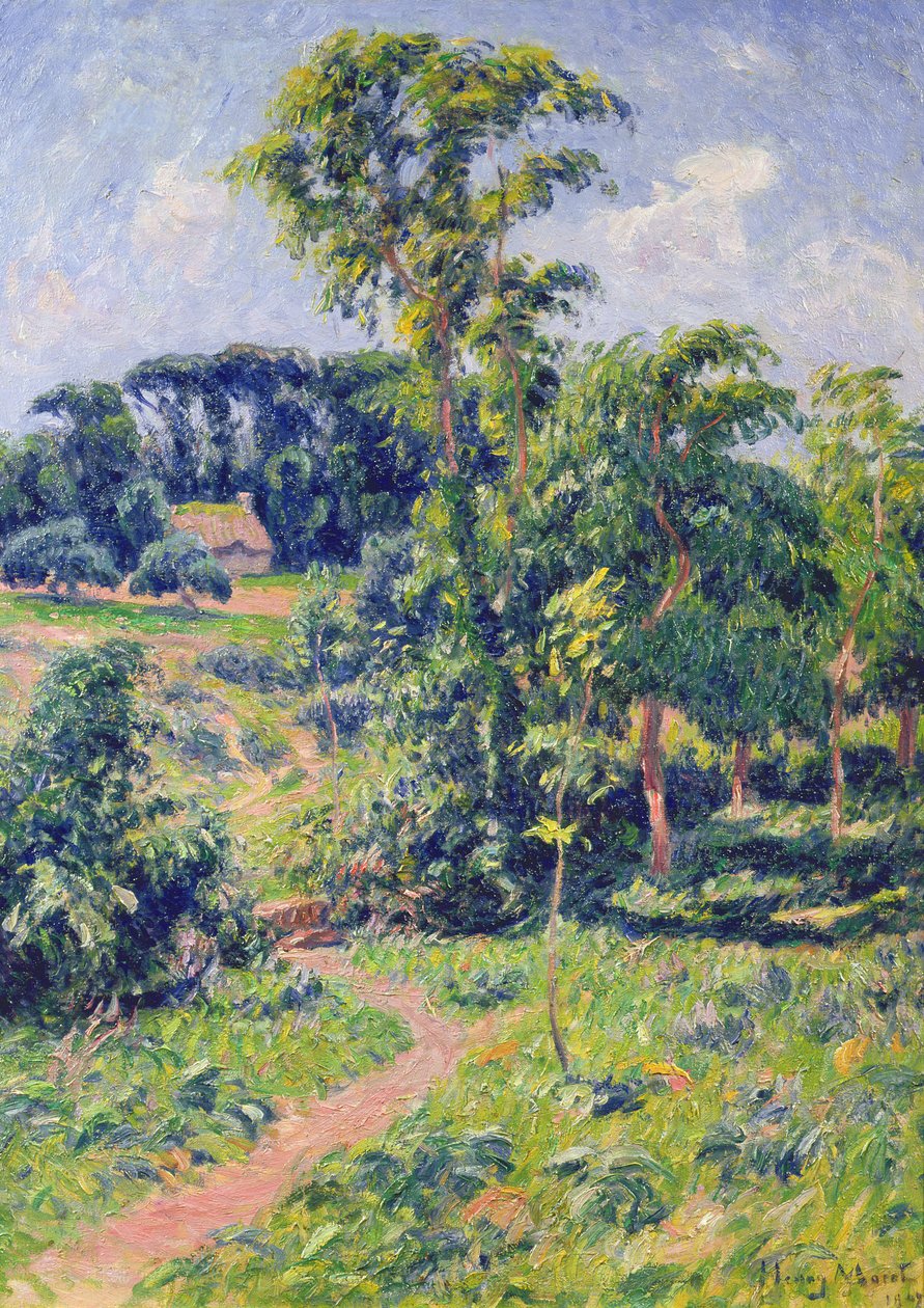 Ağaçlar ve bir kulübeye giden bir yol ile manzara by Henry Moret
