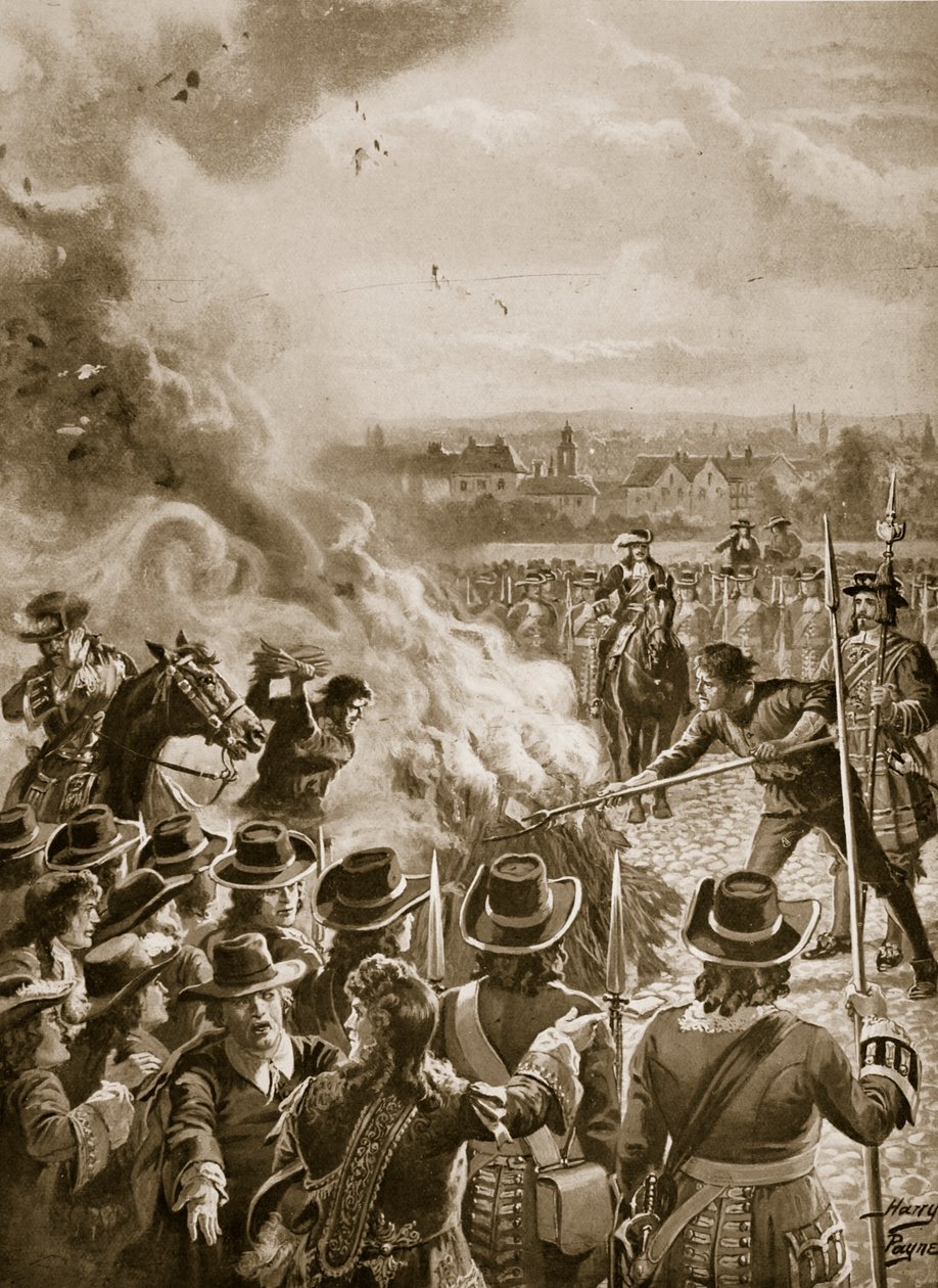 Blount'un broşürünün cellat tarafından yakılması, 1693, 'Hutchinson's Story of the British Nation'dan bir çizim, c.1923 by Henry Payne
