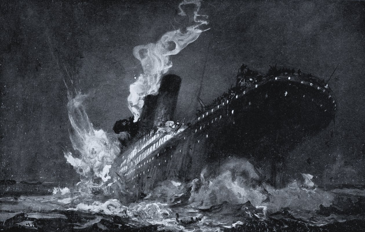 RMS Titanic of the White Star Line sinking after hitting an iceberg in the North Atlantic  by Henry Reuterdahl