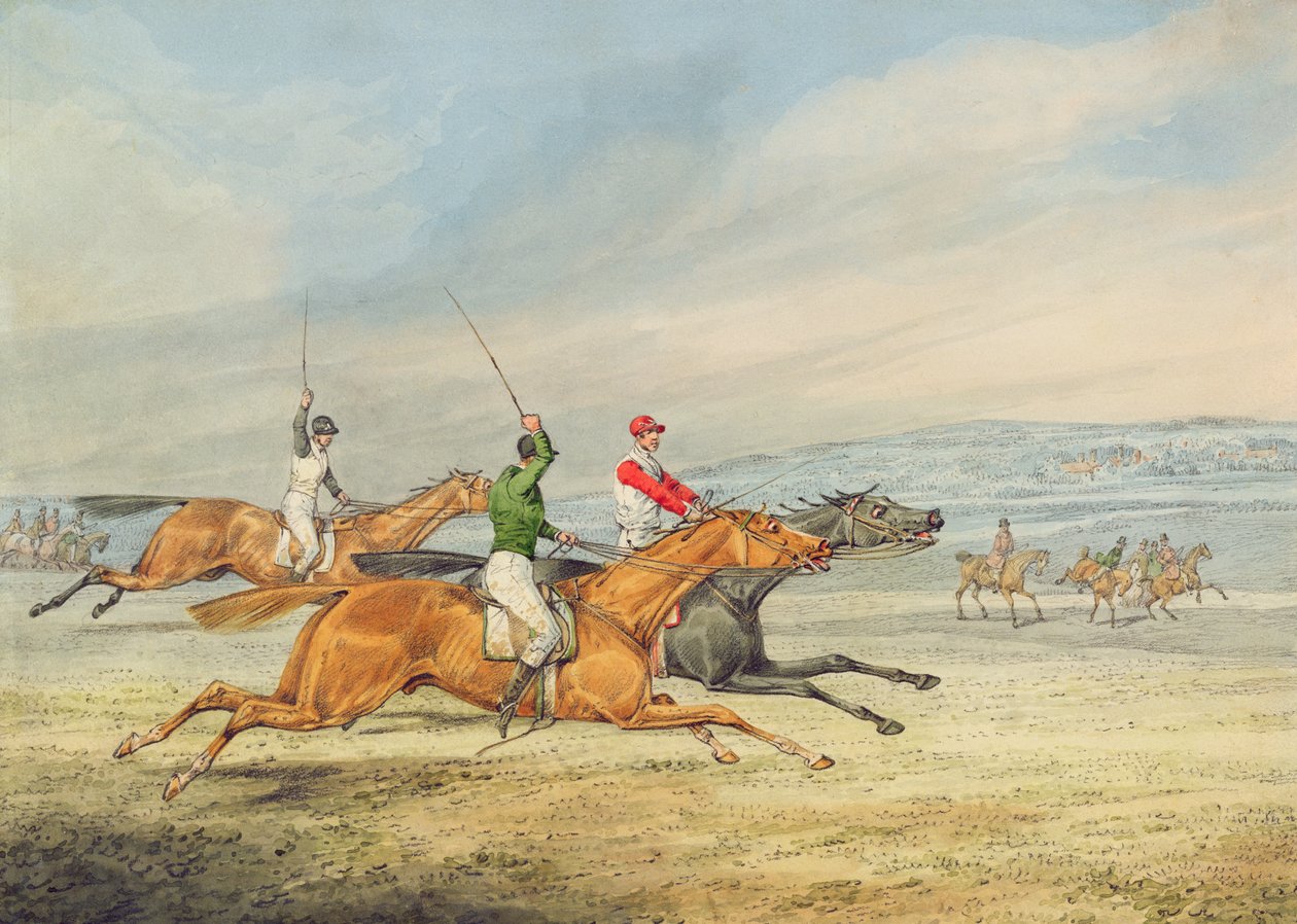 Steeplechasing: Three Riders galloping to right, mounted spectators in background (graphite und wc on paper) by Henry Thomas Alken